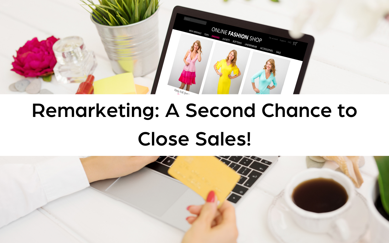 A computer screen displaying women in a clothing catalouge manner. Text over the screen dispalys "remarketing: a second chance to close sales!"