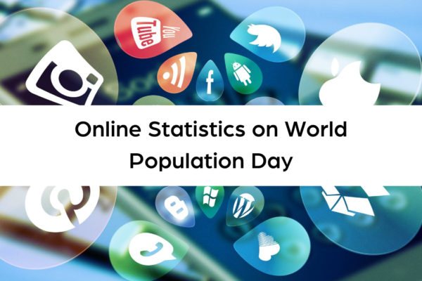 A phone with apps hovering over the screen all displaying social media apps. Text over the image says "Online Statistics on World Population Day"