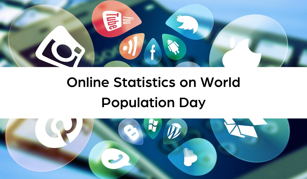 A phone with apps hovering over the screen all displaying social media apps. Text over the image says "Online Statistics on World Population Day"