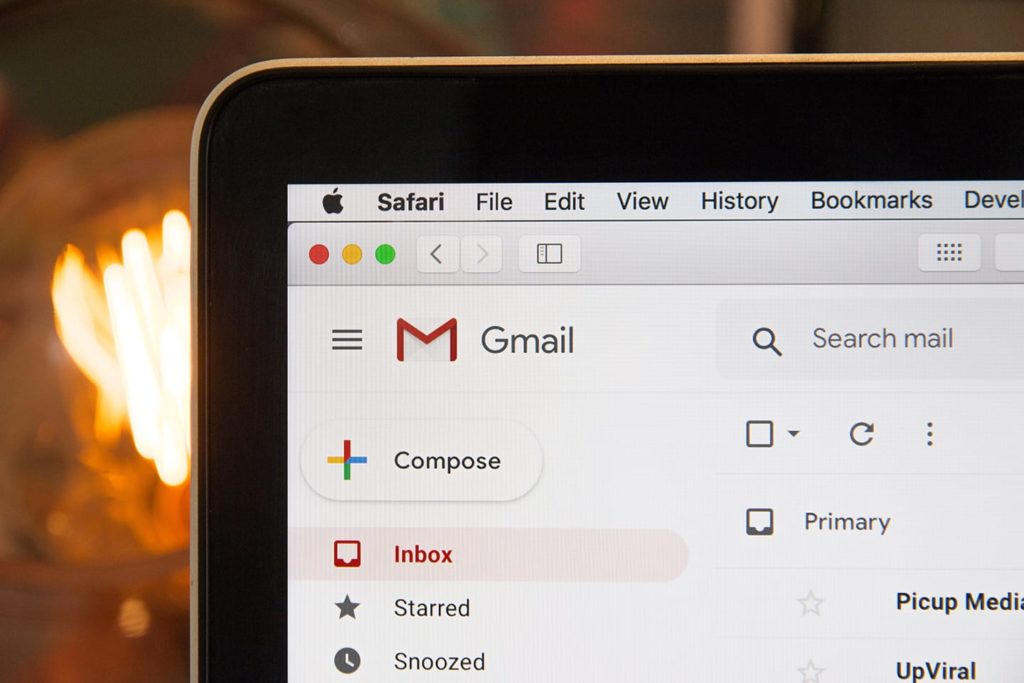 Close-up of a Gmail inbox open on a laptop screen, highlighting the email interface used in digital marketing.