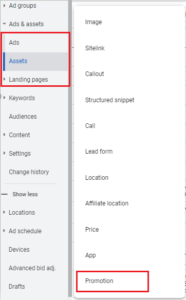 Tab for ads, assets, and landing pages