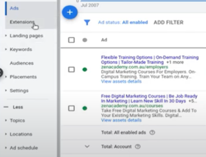 Ads and extensions tab