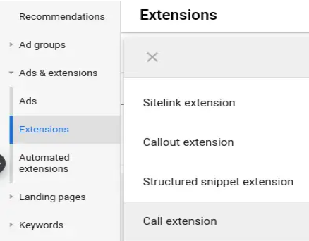 add call extension button on google ads