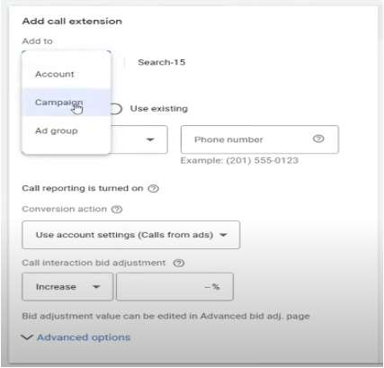 add call extension campaign button
