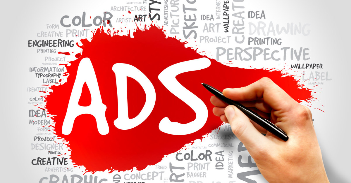 word ads on red, black, white background