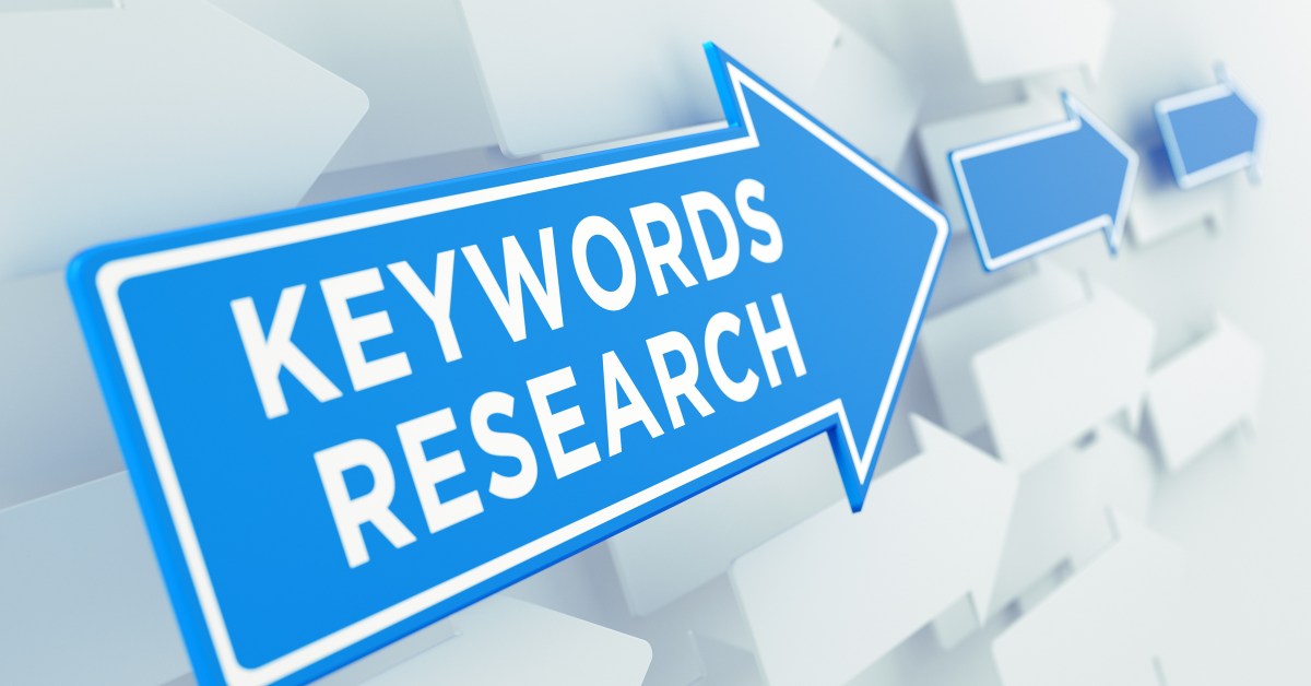 blue and white arrow that reads keyword research