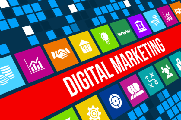 A banner that says digital marketing, with icons representing different facets.