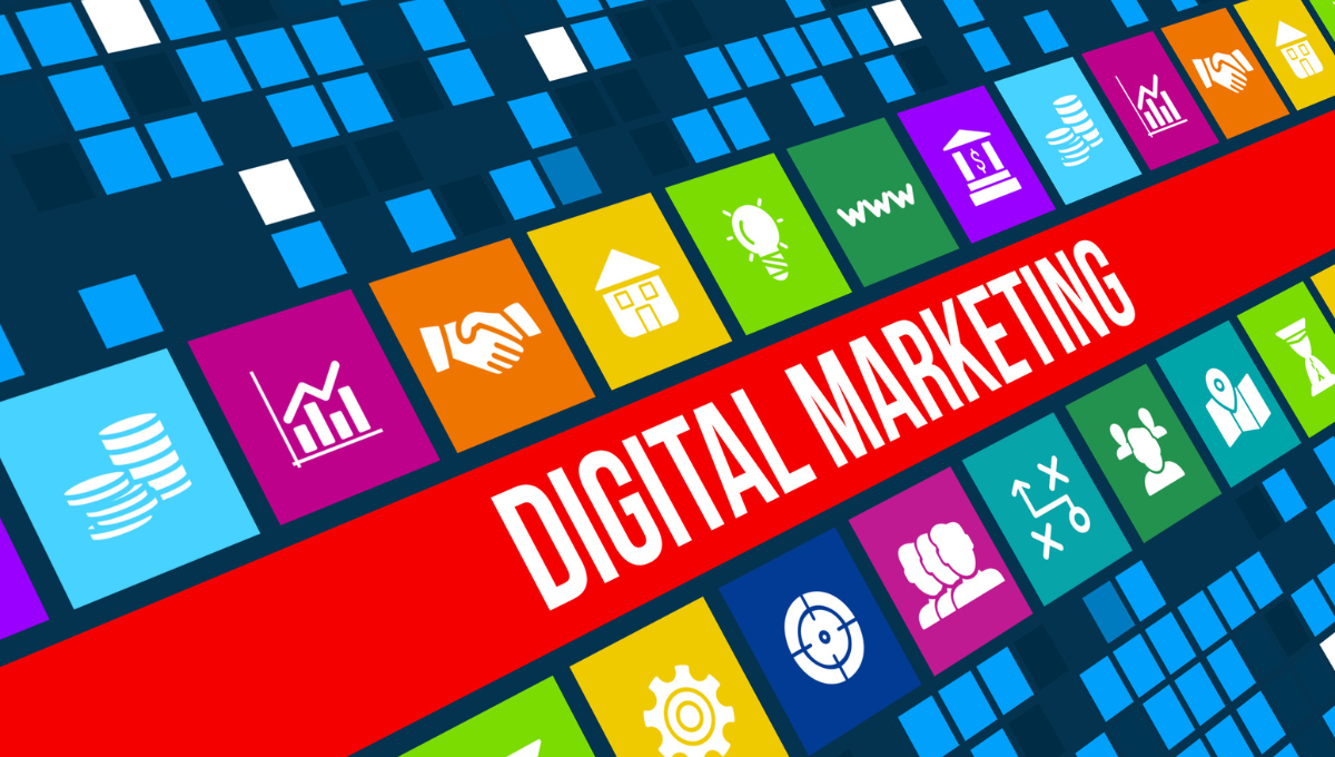 A banner that says digital marketing, with icons representing different facets.