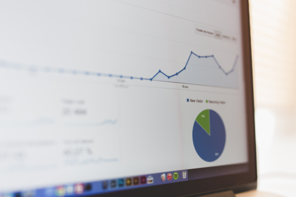 Close-up of a computer screen showing Google Analytics 4 dashboard with traffic trends and a pie chart visualization.