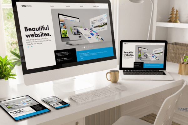 Responsive web design example displayed on desktop, laptop, tablet, and smartphone, highlighting CMS platforms WordPress vs Wix for professional website development; Tandem Digital Marketing logo in the corner.