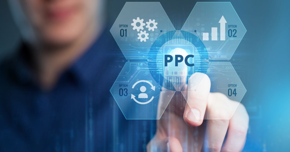 A man in a blue shirt has his finger pressed against a transparent PPC image with cogs and a person icon.