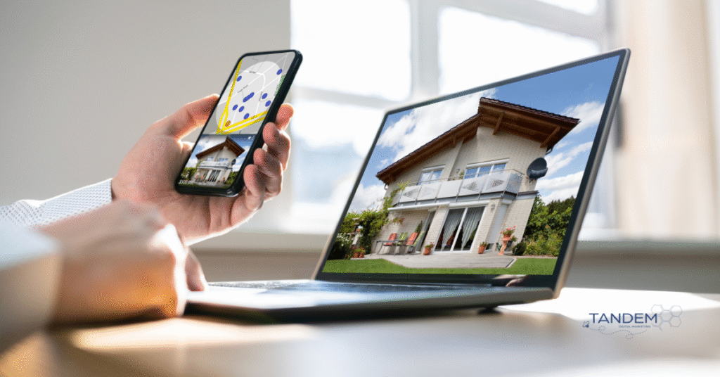 Person browsing commercial real estate listings on a smartphone and laptop, displaying property images and a digital map; Tandem Digital Marketing logo visible.