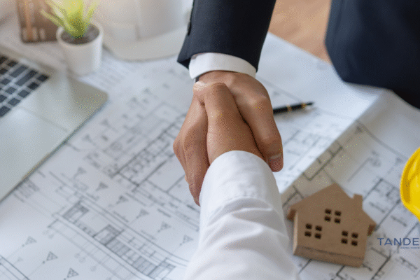 Two professionals shaking hands over real estate blueprints, with a miniature house model, hard hat, and laptop in view; Tandem Digital Marketing logo visible.