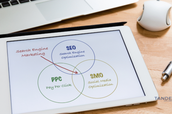 Tablet screen displaying a Venn diagram of SEO, PPC, and SMO under the umbrella of Search Engine Marketing, with Tandem Digital Marketing branding visible.
