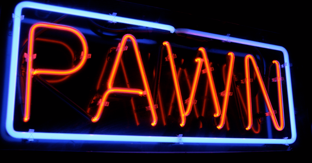 A pawn shop's neon sign