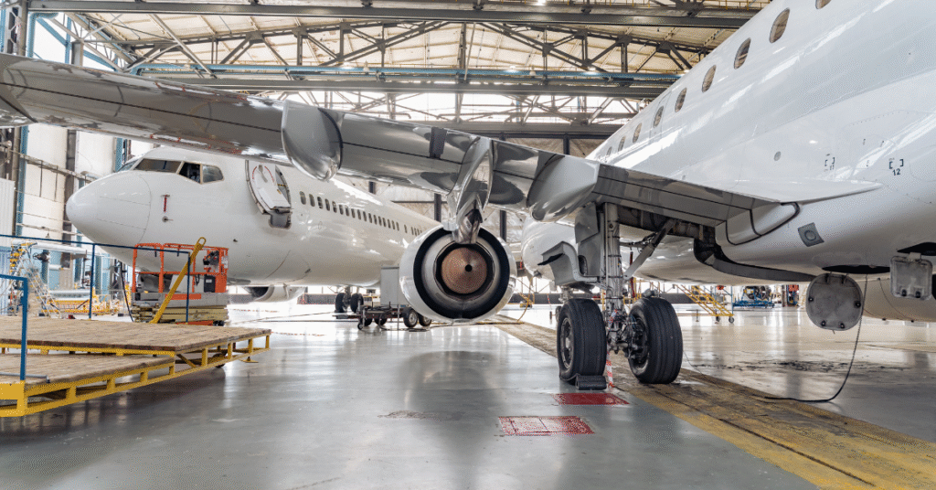 two commercial airplanes in a hangar