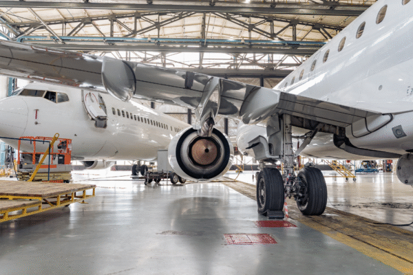 Untitled design - 2025-06-27T095601.659 two commercial airplanes in a hangar
