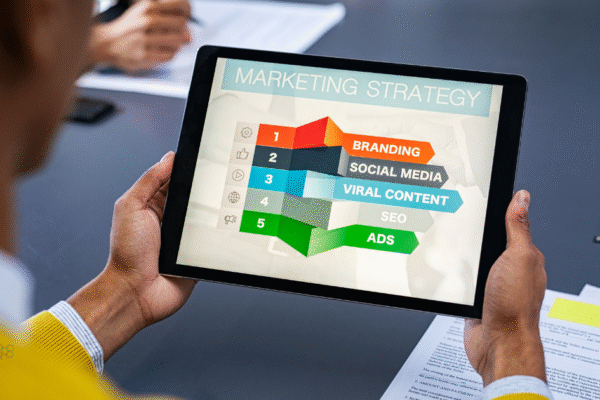 Person holding a tablet displaying a digital marketing strategy breakdown with steps for branding, social media, viral content, SEO, and ads; Tandem Digital Marketing logo in view.