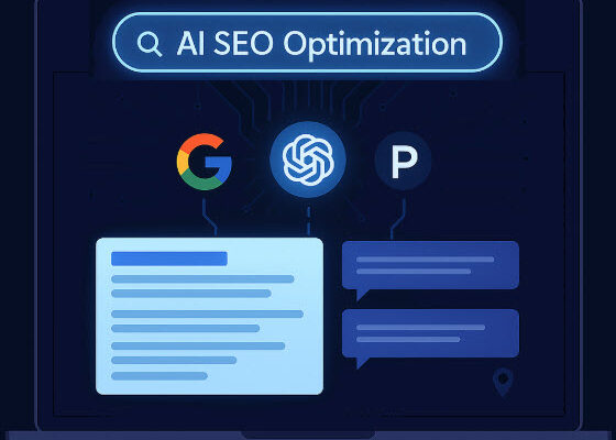 A computer screen with Google, ChatGPT, and Perplexity icons at the top, and AI SEO Optimization in the search bar. This illustrates how AI and SEO are becoming more reliant on each other.