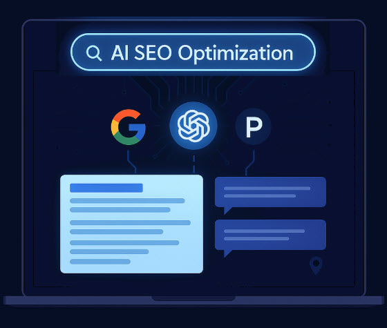 A computer screen with Google, ChatGPT, and Perplexity icons at the top, and AI SEO Optimization in the search bar. This illustrates how AI and SEO are becoming more reliant on each other.