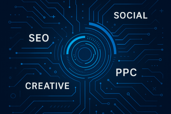 Tech-inspired dark blue and white featured image with digital grid lines and floating words SEO, PPC, Social, and Creative, to indicate the article is about August Digital Marketing Insights from Tandem Interactive.