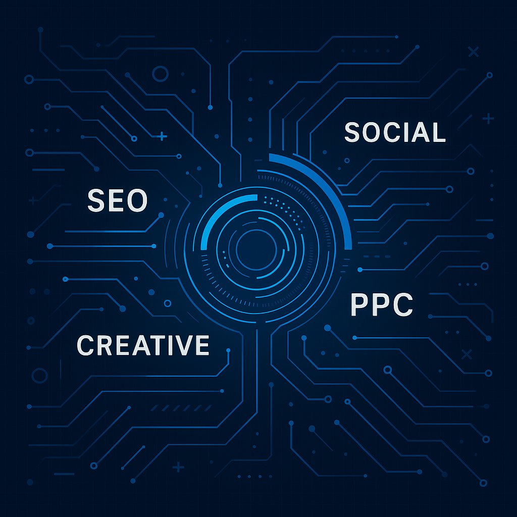 Tech-inspired dark blue and white featured image with digital grid lines and floating words SEO, PPC, Social, and Creative, to indicate the article is about August Digital Marketing Insights from Tandem Interactive.