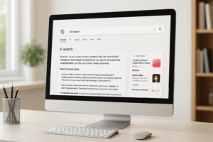 Computer screen showing Google-style AI search results for “AI search” in a bright modern workspace with keyboard, mouse, and plant on desk