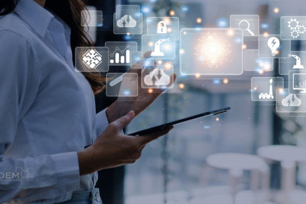 Business professional using a tablet surrounded by digital interface icons representing cloud computing, data analytics, automation, and AI; Tandem Digital Marketing logo visible.