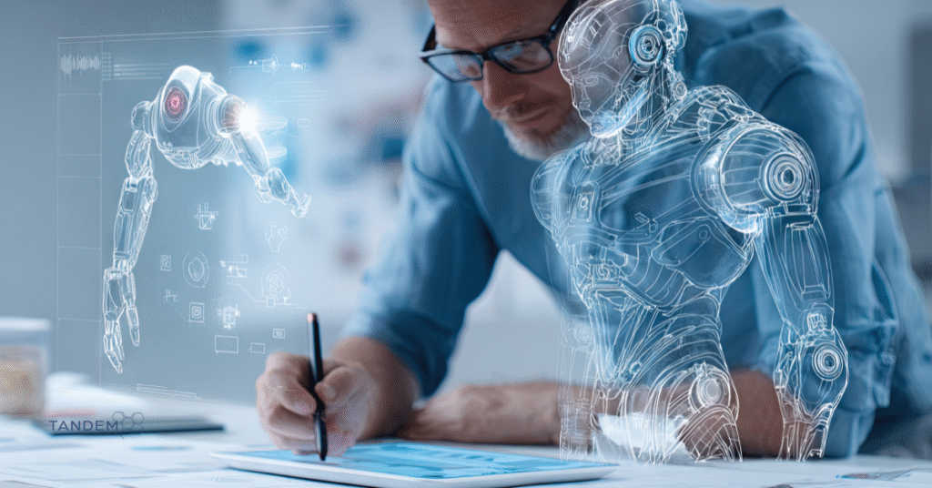 Man using a digital pen to design robotic technology on a tablet, surrounded by holographic blueprints and AI interfaces; Tandem Digital Marketing logo visible.