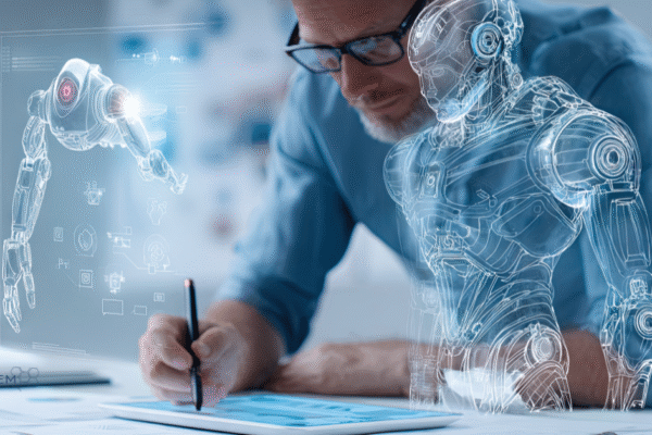 Man using a digital pen to design robotic technology on a tablet, surrounded by holographic blueprints and AI interfaces; Tandem Digital Marketing logo visible.