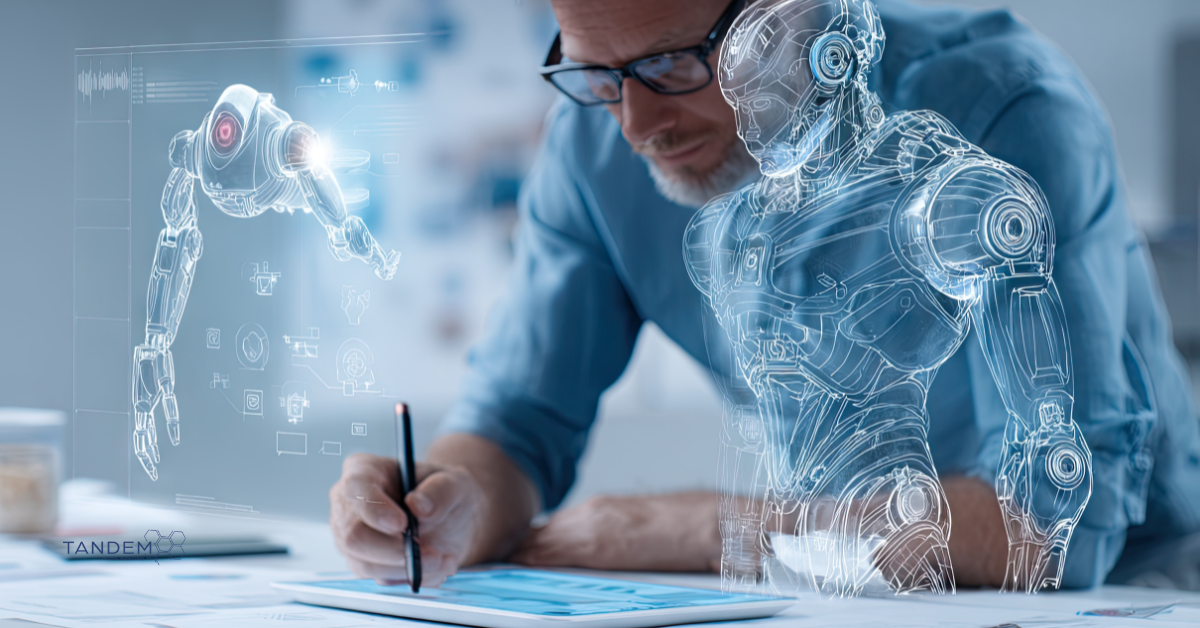 Man using a digital pen to design robotic technology on a tablet, surrounded by holographic blueprints and AI interfaces; Tandem Digital Marketing logo visible.