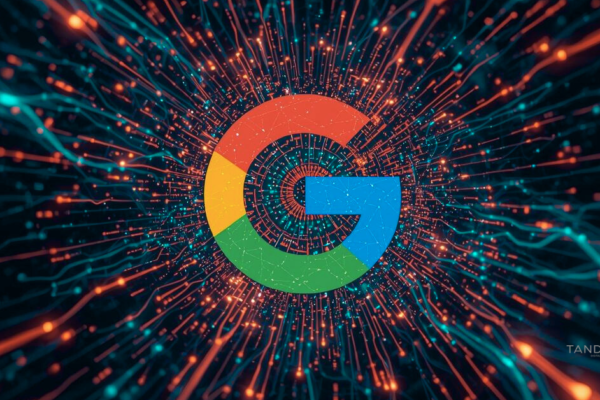 An abstract visualization of the Google logo centered in a high-speed neural network of data lines and light, representing Tandem Interactive’s 2026 SEO strategy for AI Overviews and Generative Engine Optimization.
