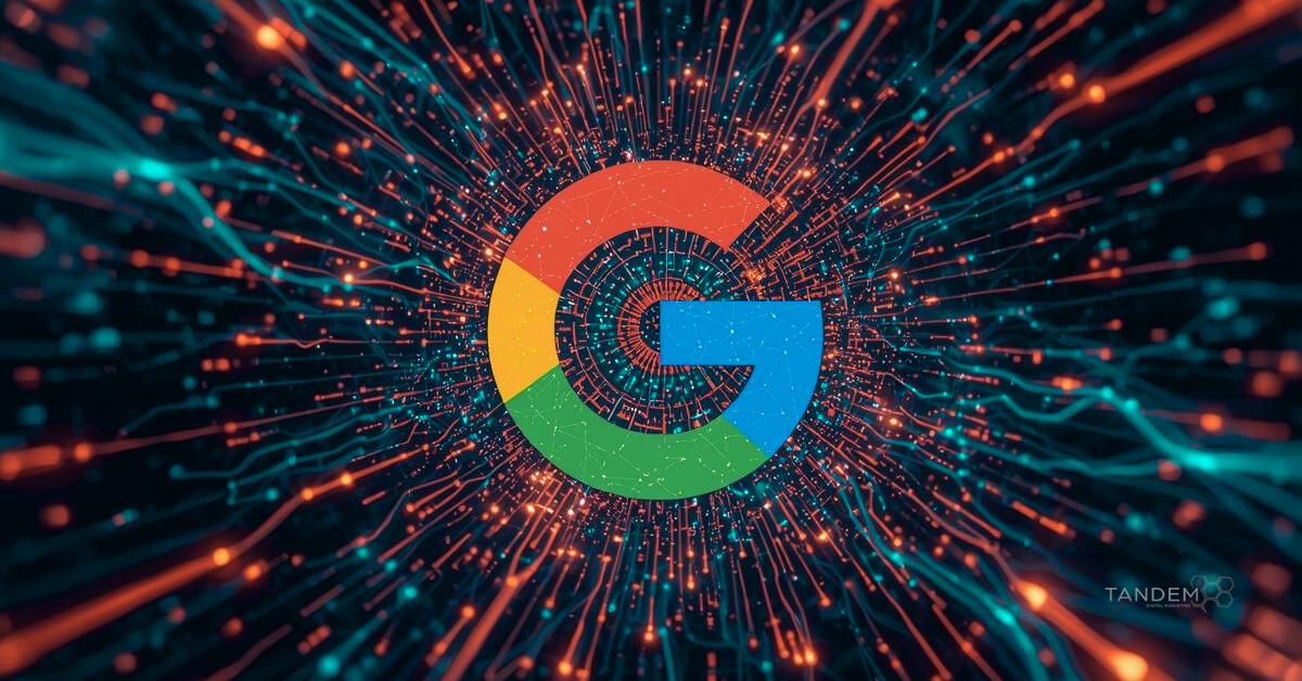 An abstract visualization of the Google logo centered in a high-speed neural network of data lines and light, representing Tandem Interactive’s 2026 SEO strategy for AI Overviews and Generative Engine Optimization.