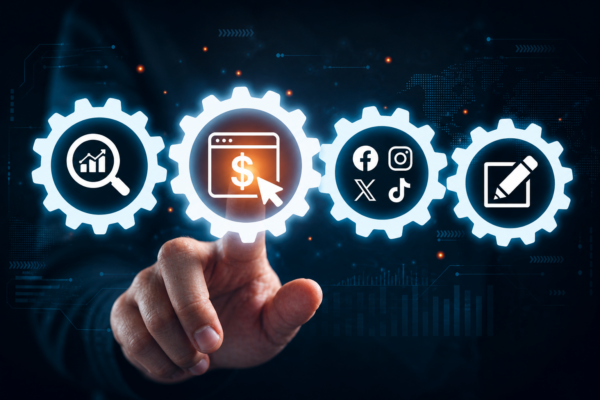 A hand pointing to 4 gears, with each gear representing a piece of digital marketing. First SEO, then PPC, followed by social, and finally creative.