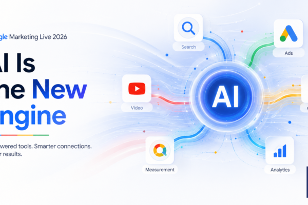 Google Marketing Live 2026 A graph showing AI as the new engine connecting search, ads, video, creative, measurement, and analytics, with Tandem branding.