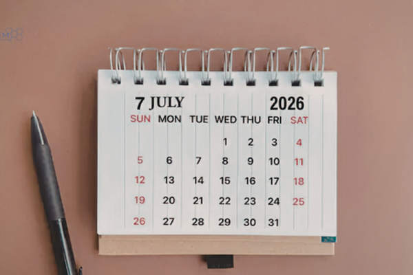 July 2026 Digital Marketing Updates and Strategic Planning Calendar An overhead view of a desk with a pen resting next to a small spiral desktop calendar open to July 2026, displaying the Tandem Interactive logo and highlighting our monthly digital marketing updates.
